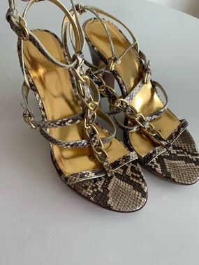 Coach Snake-Print Strappy Heeled Platform Sandals with Gold Chain Detail  Sz 8.5